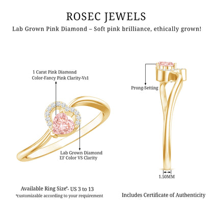 IGI Certified Lab Grown Pink Diamond Heart Promise Ring with Twisted Band