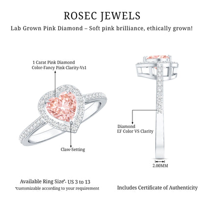 Heart Shape 1 CT Lab Grown Pink White Diamond Halo Engagement Ring IGI Certified
