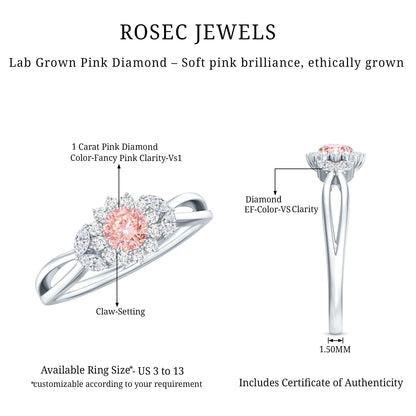 Lab Grown Pink and White Diamond Flower Engagement Ring IGI Certified