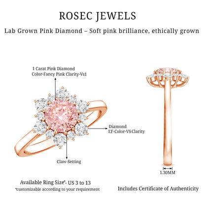IGI Certified 1 CT Lab Grown Pink and White Diamond Halo Engagement Ring
