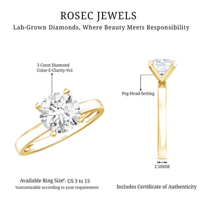 IGI Certified 3 CT Round Lab Grown Diamond Solitaire Engagement Ring