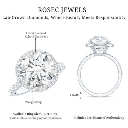 5 Carat Round Lab Grown Diamond Engagement Ring with IGI Certified