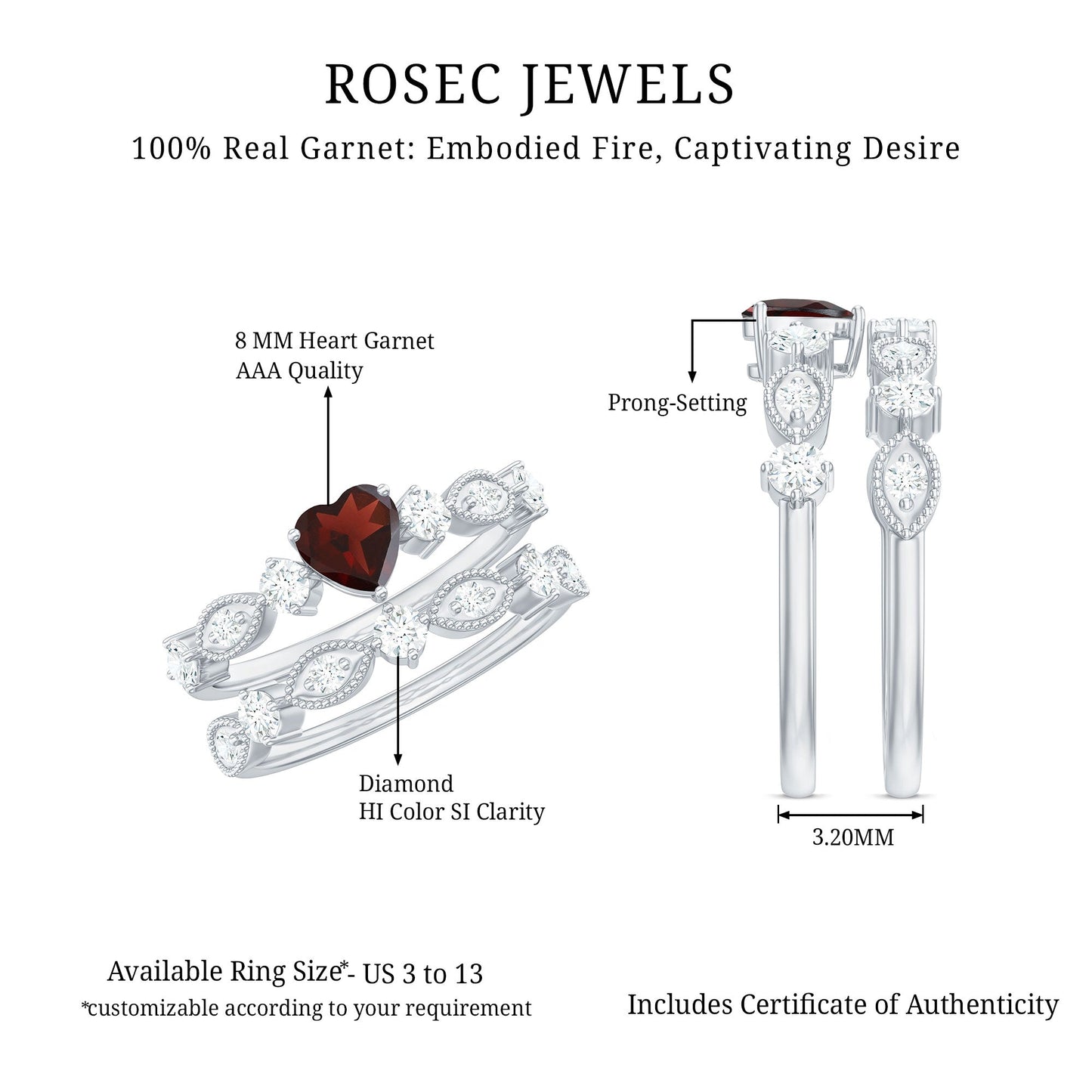 Natural Garnet Diamond Heart Engagement Ring with Wedding Band