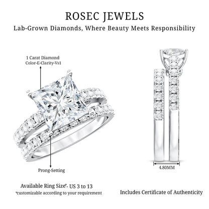 IGI Certified 1 Carat Lab Grown Diamond Princess Cut Engagement Ring with Band