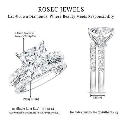 4 Carat IGI Certified Lab Grown Diamond Princess Cut Bridal Ring Set