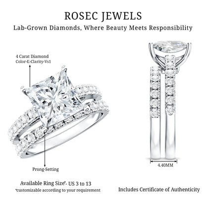 IGI Certified 4 Carat Princess Cut Lab Grown Diamond Engagement Ring With Wedding Band