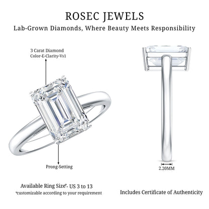 IGI Certified Emerald Cut Lab Grown Diamond 3 Carat Engagement Ring