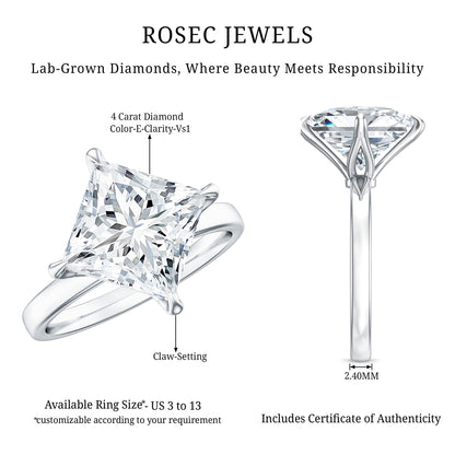 IGI Certified 4 Carat Princess Cut Lab Grown Diamond Engagement Ring