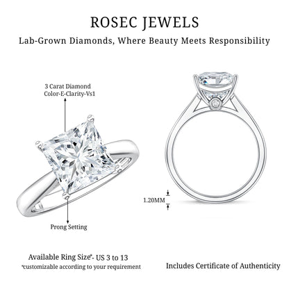 IGI Certified Lab Grown 3 Carat Diamond Princess Cut Engagement Ring Solitaire