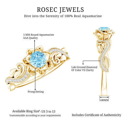 Natural Aquamarine and Diamond Flower Engagement Ring in Gold Plated Silver