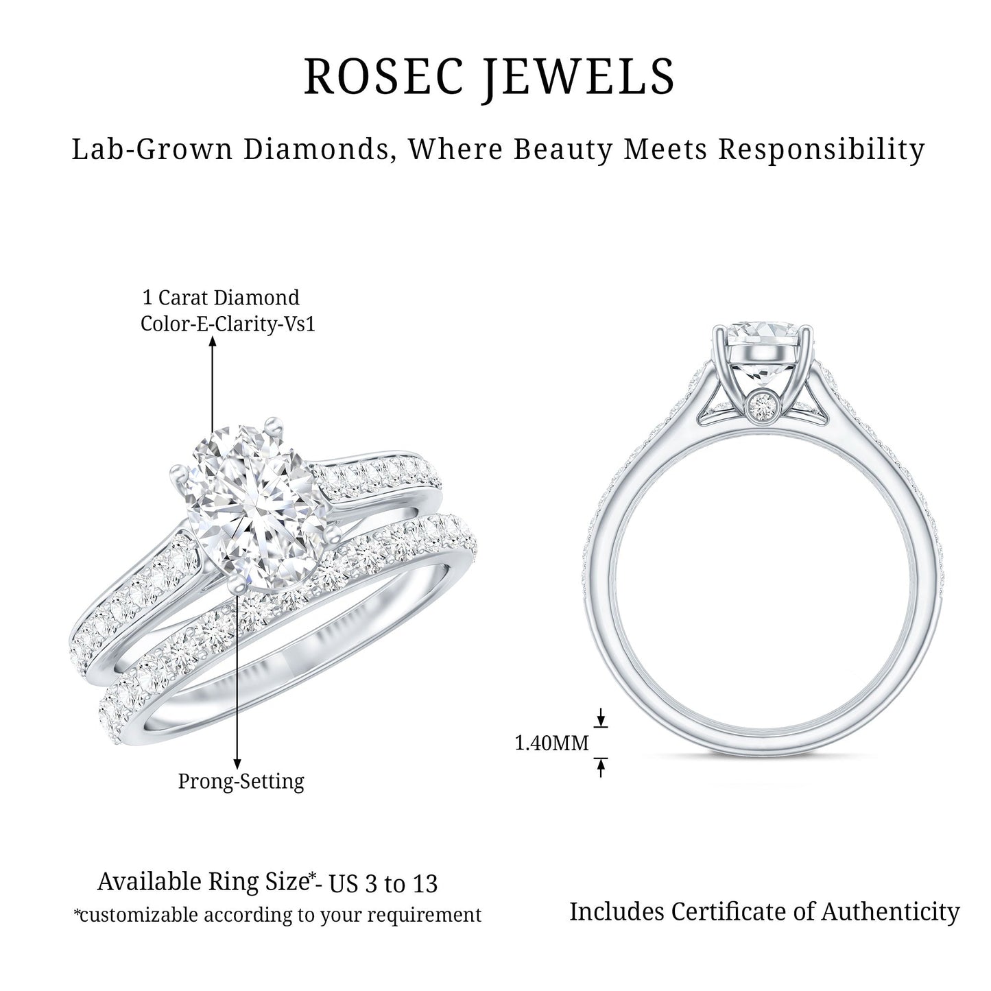 Oval Shaped 1 Carat Lab Grown Diamond Bridal Ring Set with IGI Certificate