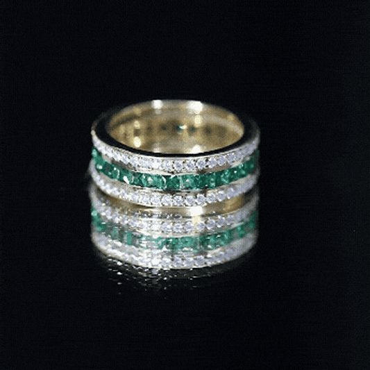 Three Row Lab Created Emerald and Moissanite Wedding Band