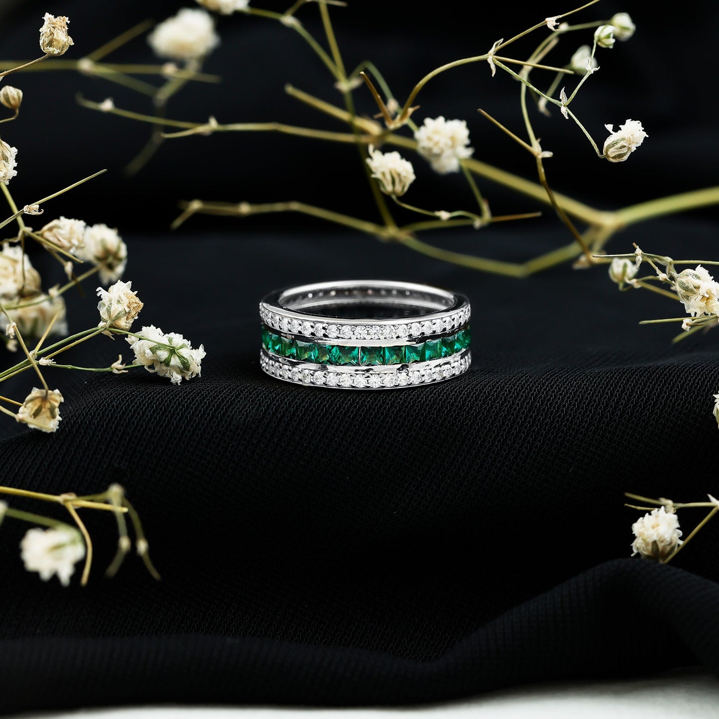 Certified Lab Grown Emerald 3 Row Eternity Wedding Band