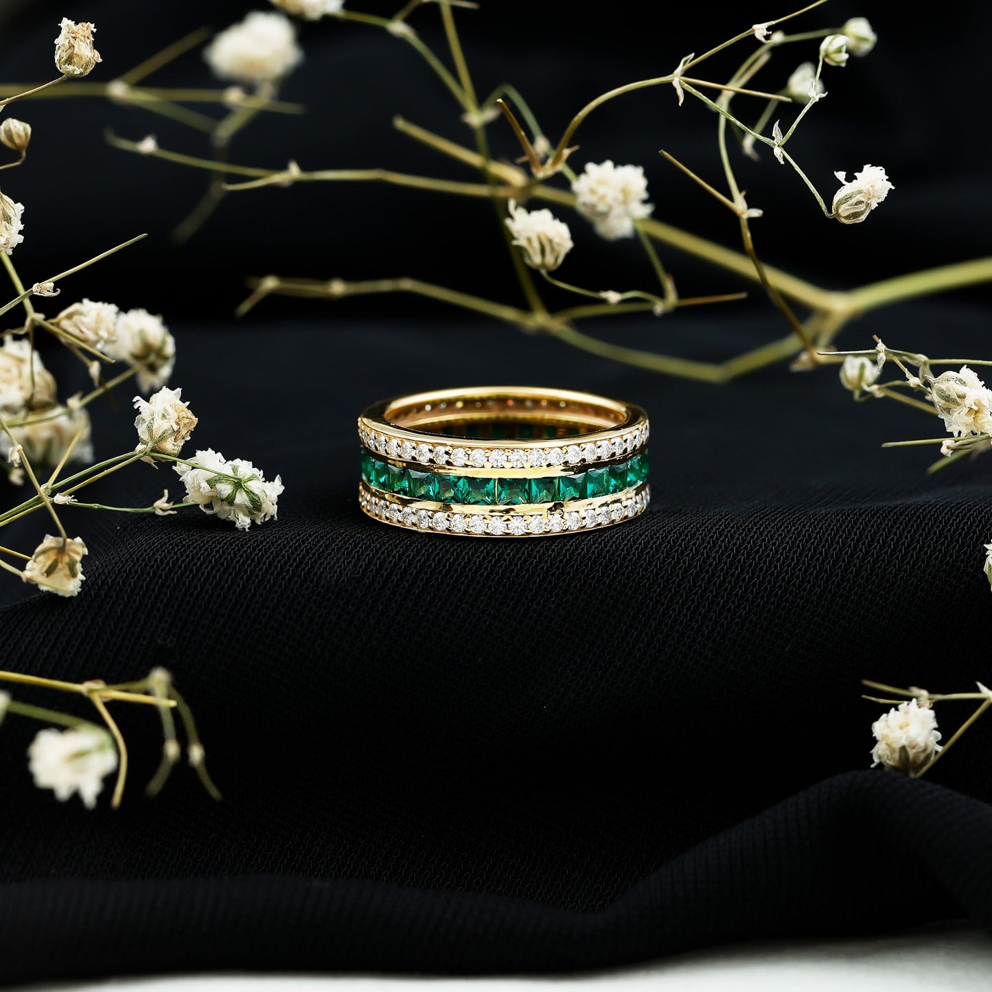 Certified Lab Grown Emerald 3 Row Eternity Wedding Band