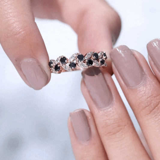 Black Onyx And Diamond Half Eternity Leaf Band For Women