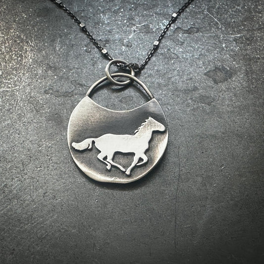 Sterling Silver Horse Talisman Necklace | Galloping Horse on Full Moon