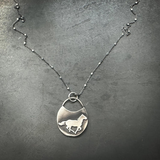 Sterling Silver Horse Talisman Necklace | Galloping Horse on Full Moon