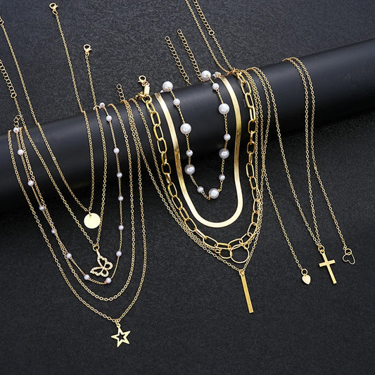 11 Pcs Simple Pearl Choker Necklaces Set Layered Chain Star Cross Heart Pendant Charms Necklace Jewelry Gifts