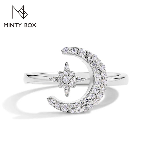 MINTYBOX 0.242CTW Star Moon S925 Sterling Silver Moissanite Rings For Women Lab Diamond Ring 18K Gold Plated Wedding Jewelr Gift