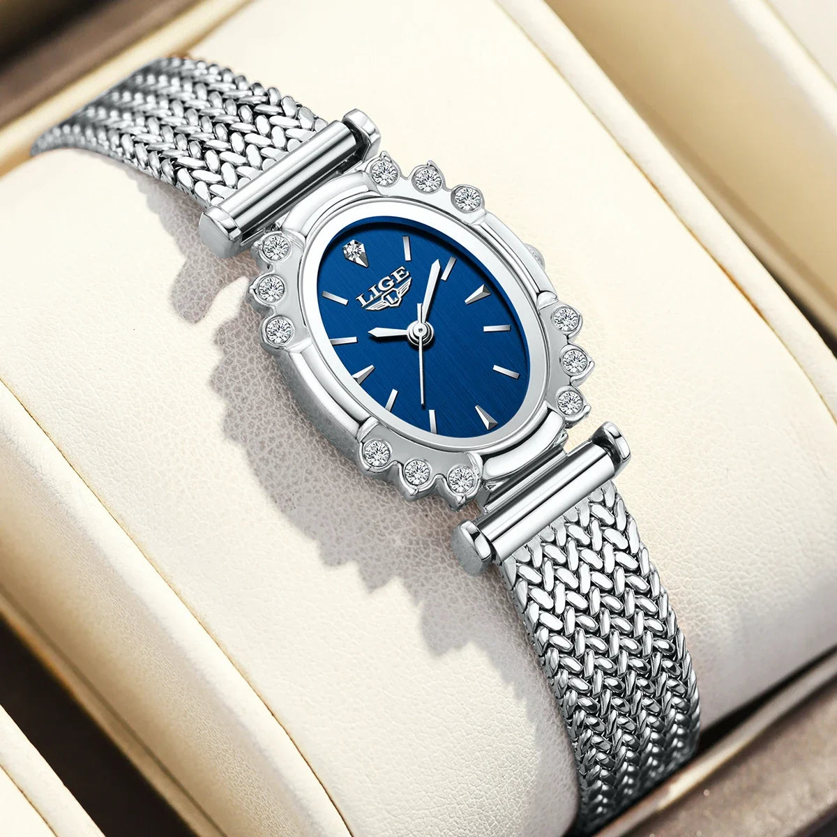 Women's Oval Quartz Watch Vintage Mesh Bracelet Blue Dial
