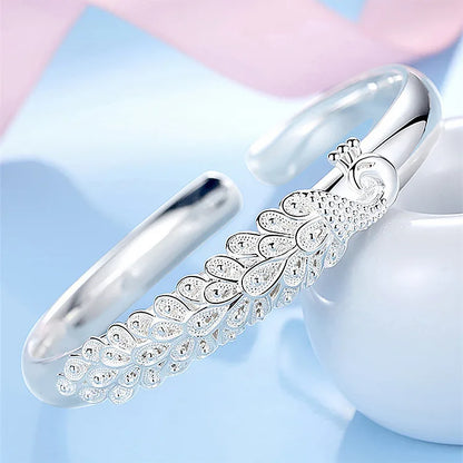 Wholesale Fine 925 Sterling Silver Bangles Bracelet Charms Heart Open for Women Lady Jewelry Adjustment Cuff Wedding Gift