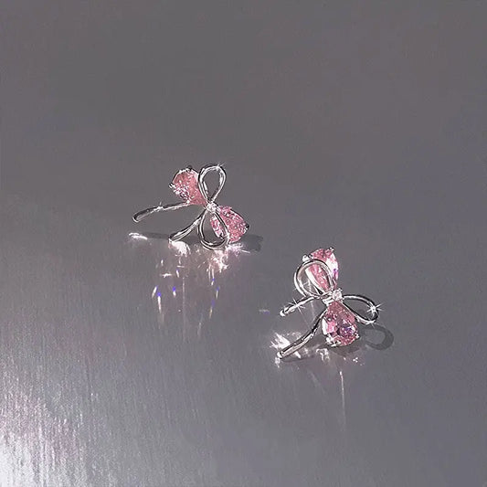 925 Sterling Silver Bow Pink Zircon Stud Earrings For Wedding Luxury Jewelry 925