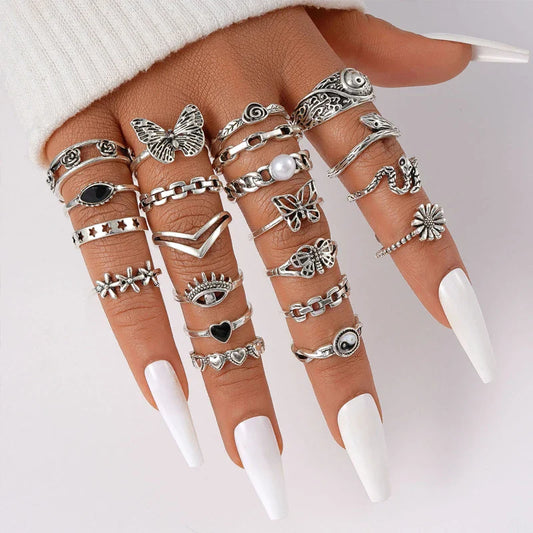 21 Pcs Gothic Rings Set Simple Snake Butterfly Evil Eye Finger Ring Punk Jewelry Gifts
