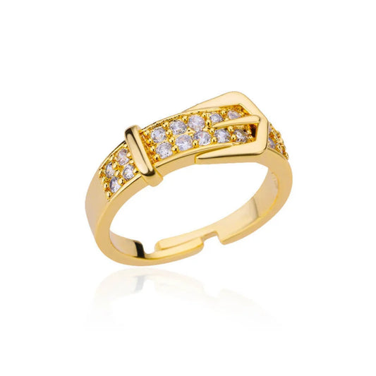 Chic Gold Color Buckle Shaped Ring With Sparkling Zircon Fashion Adjustable Ring Women's Gatherings Jewelry