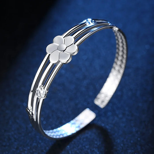 925 Sterling Silver Flower Open Bangle Hand Bracelets Luxury Jewelry And