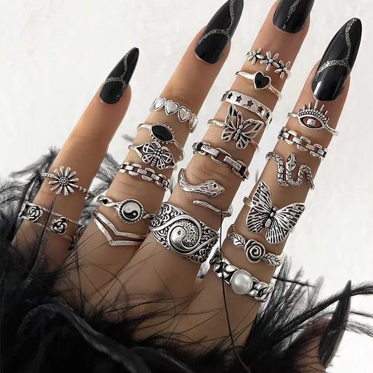 21 Pcs Gothic Rings Set Simple Snake Butterfly Evil Eye Finger Ring Punk Jewelry Gifts