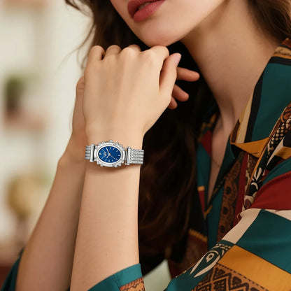 Women's Oval Quartz Watch Vintage Mesh Bracelet Blue Dial