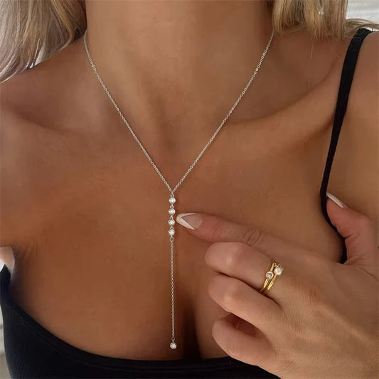 Y2K Simple Zircon Long Tassel Chain Necklaces For Women Metal Geometric Bead Choker Necklace Women's Jewelry