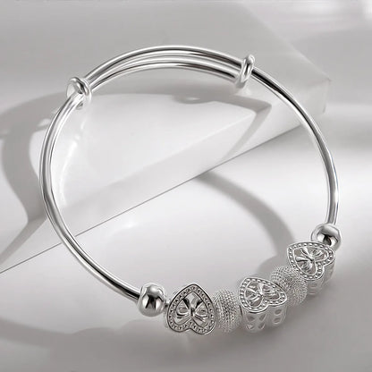 Wholesale Fine 925 Sterling Silver Bangles Bracelet Charms Heart Open for Women Lady Jewelry Adjustment Cuff Wedding Gift