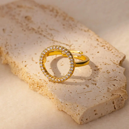 Zircon Hollow Round Rings Stainless Steel Gold Color Adjustable Wedding Ring Aesthetic Jewelry Gift Anillos