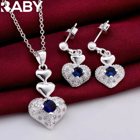 Hot Noble Blue Crystal Heart 925 Sterling Silver Pendant Necklace Earring Jewelry Sets For Classic Party Fine Gift