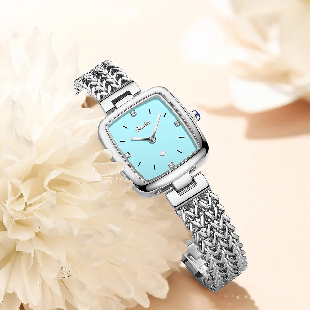 Women's Square Stainless Steel Slim Quartz Watch Bracelet