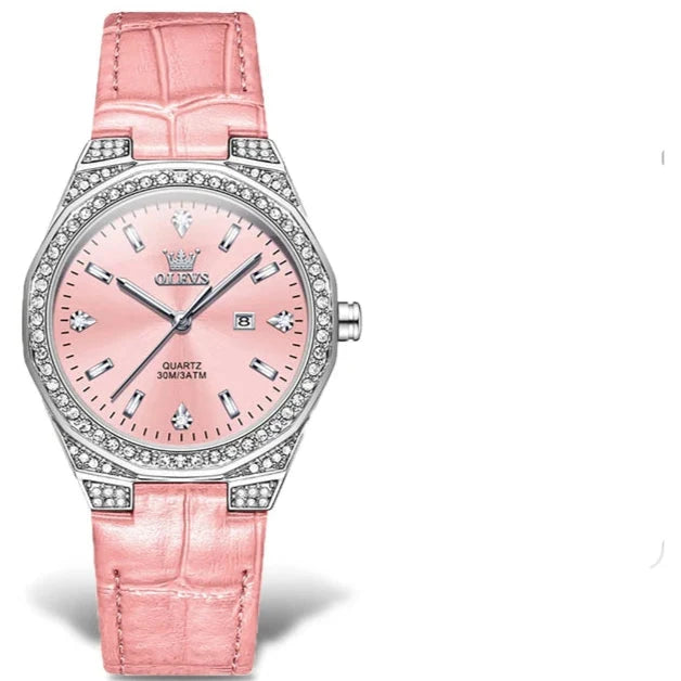 Women's Crystal Bezel White Leather Strap Watch Quartz Date