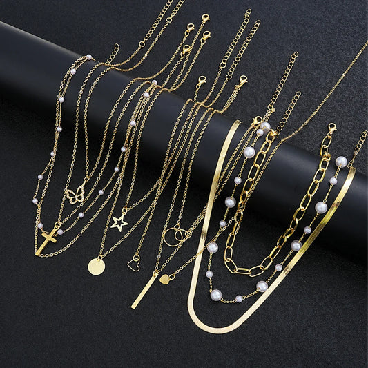 11 Pcs Simple Pearl Choker Necklaces Set Layered Chain Star Cross Heart Pendant Charms Necklace Jewelry Gifts