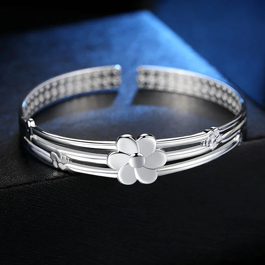 925 Sterling Silver Flower Open Bangle Hand Bracelets Luxury Jewelry And