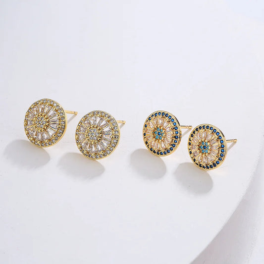 NEWBUY Luxury AAA Cubic Zirconia Pave Setting Copper Jewelry Gold Color Round Stud Earrings For Women Girl