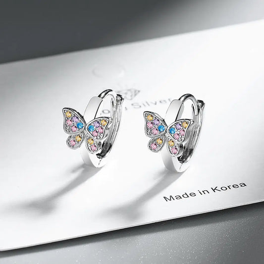 925 Sterling Silver Butterfly Rainbow Zircon Ring Earrings Wedding Jewelry