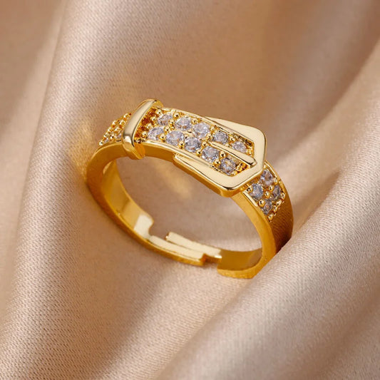 Chic Gold Color Buckle Shaped Ring With Sparkling Zircon Fashion Adjustable Ring Women's Gatherings Jewelry
