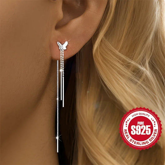Pair Of S925 Silver Butterfly Tassel Earrings For Ladies Low Allergy Sweet Girl Versatile Daily Accessory Perfect Gift For Women