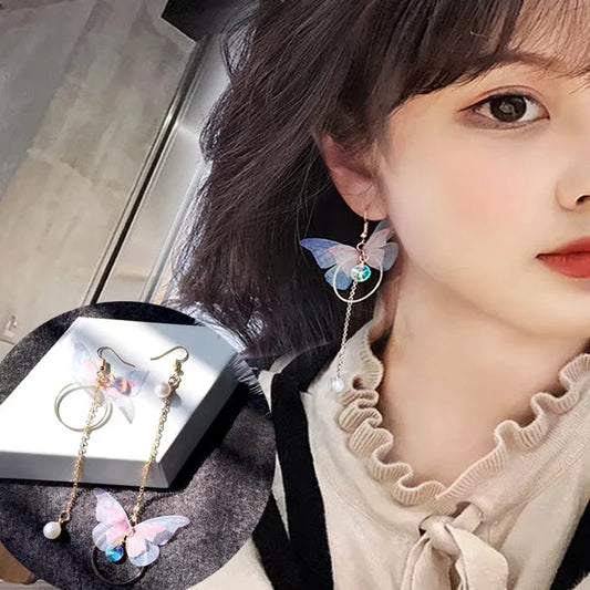 Elegant Purple Glass Butterfly Long Tassel Earrings For Women Delicate Rhinestone Crystal Insect Earrings Luxury Party Jewelry