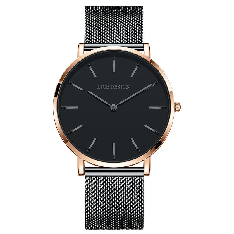 Women's Pink Dial Mesh Band Slim Stainless Steel Watch