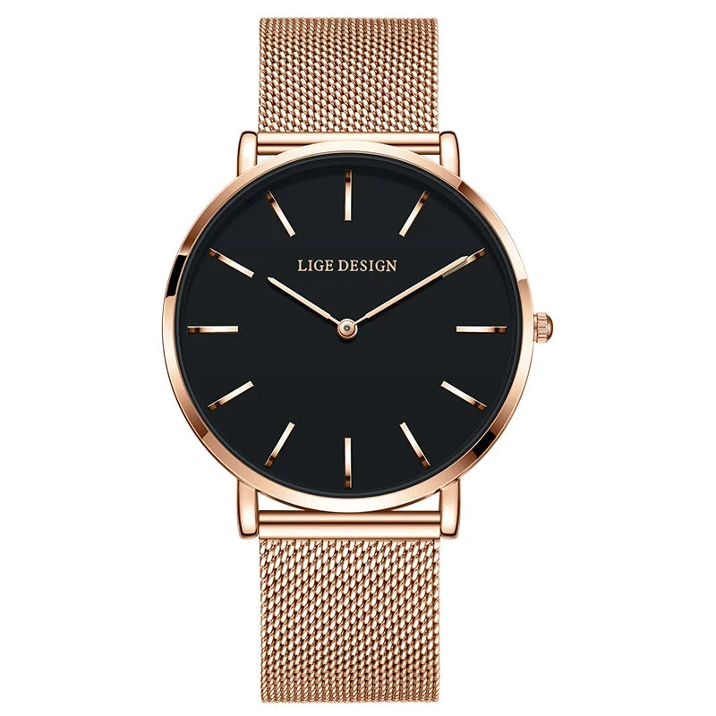 Women's Pink Dial Mesh Band Slim Stainless Steel Watch