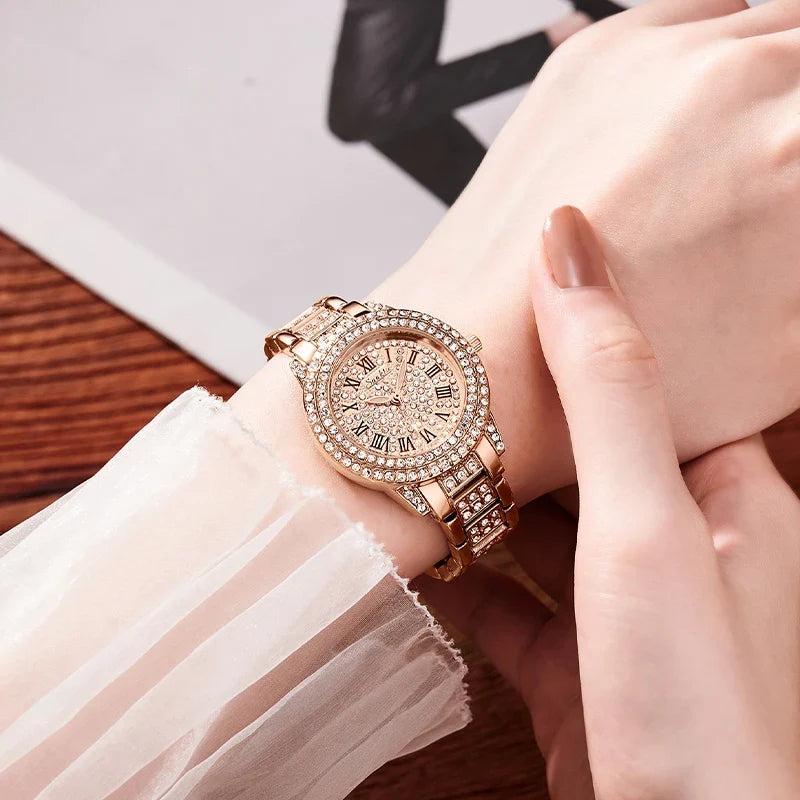 Women's Rose Gold Crystal Bracelet Watch Quartz Luxury