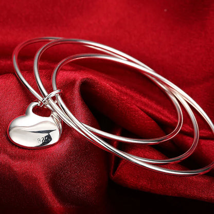 Wholesale Fine 925 Sterling Silver Bangles Bracelet Charms Heart Open for Women Lady Jewelry Adjustment Cuff Wedding Gift