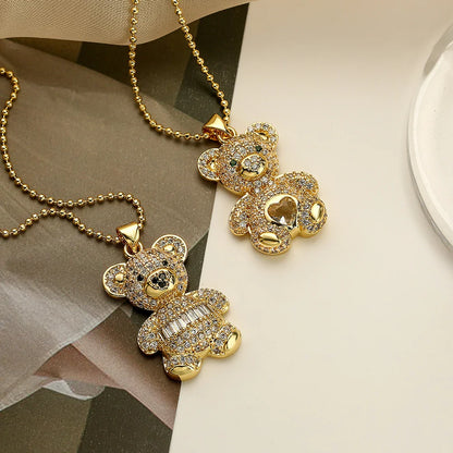 NEWBUY Hot Sale 2 Style Lovely Bear Pendant Necklaces For Women Shiny CZ Zircon Inlay Gold Color Copper Jewelry