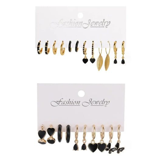 Simple 11 Pcs Black Heart Leaf Butterfly Earrings Set Temperament Hoop Earring Holiday Wedding Jewelry Gift